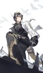  1boy arknights bird chong_yue_(alighting)_(arknights) chong_yue_(arknights) dragon_boy dragon_horns dragon_tail ear_piercing fingerless_gloves from_below gloves hashtag_only_commentary highres horns looking_to_the_side magicxbai male_focus multicolored_hair piercing pointy_ears ponytail red_eyes smile tail tail_pouch white_background 