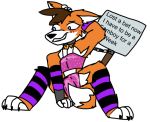  anthro armwear blue_eyes brow_hair bulge canid canine chain choker clothing embarrassed fox furry_trashcan(artist) hi_res humiliation jewelry latex_bra latex_panties legwear lock male mammal necklace purple_armwear purple_clothing purple_legwear purple_stockings sign sitting solo stockings text 