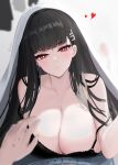  1girl black_hair blue_archive bra breasts doham hair_ornament hairclip highres large_breasts long_hair red_eyes rio_(blue_archive) under_covers underwear 