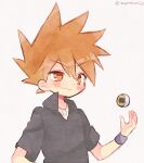  1boy black_shirt black_wristband blue_oak blush brown_eyes brown_hair collared_shirt commentary great_ball grey_background hand_up high_collar jewelry male_focus mgomurainu necklace pendant poke_ball pokemon pokemon_frlg shirt short_hair short_sleeves simple_background smile spiked_hair tossing twitter_username upper_body 