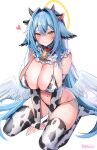  1girl :3 absurdres animal_ears animal_print bell between_legs bikini blue_hair blush breasts cleavage closed_mouth collar commentary cow_ears cow_horns cow_print cow_print_bikini cow_print_thighhighs detached_sleeves fake_animal_ears fake_horns feathered_wings frilled_collar frills halo head_wings heart highres horns large_breasts looking_at_viewer low_wings navel neck_bell original print_bikini print_thighhighs side-tie_bikini_bottom simple_background sitting smile solo swimsuit symbol-only_commentary thighhighs twitter_username wariza white_background white_wings wings yellow_eyes yellow_halo yuniiho 