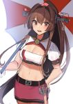  1girl alternate_costume anchor bandeau breasts brown_hair cleavage cropped_jacket highres jacket kantai_collection kikumon large_breasts long_hair miniskirt mizuki_eiru_(akagi_kurage) open_mouth ponytail race_queen red_skirt round_teeth simple_background skirt solo teeth umbrella upper_teeth very_long_hair white_background white_jacket yamato_(kantai_collection) 