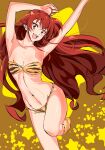  1girl absurdres animal_print armpits arms_up bikini breasts cleavage collarbone eris_greyrat highres kou_(spad7u59) long_hair medium_breasts mushoku_tensei navel oni open_mouth red_eyes red_hair smile solo standing standing_on_one_leg strapless strapless_bikini swimsuit teeth thighs tiger_print upper_teeth_only 