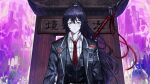  1boy black_eyes black_hair black_jacket black_vest blue_eyes closed_mouth collared_shirt game_cg heterochromia highres holding holding_weapon hong_lu_(project_moon) jacket lapels limbus_company long_hair looking_at_viewer male_focus nai_ga necktie notched_lapels official_art open_clothes open_jacket ponytail project_moon red_necktie shirt solo vest weapon white_shirt wing_collar 