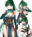  1girl bandaged_arm bandages bangs bare_shoulders blue_kimono blue_scarf breasts cleavage closed_mouth earrings elbow_gloves eyebrows_visible_through_hair fingerless_gloves fingers_together fire_emblem fire_emblem:_the_blazing_blade fire_emblem_heroes gloves green_eyes green_hair headband high_ponytail highres holding holding_sword holding_weapon japanese_clothes jewelry kimono large_breasts long_hair looking_at_viewer lyn_(fire_emblem) ninja ninpo obi obijime ormille pelvic_curtain reverse_grip sarashi sash scarf shin_guards sleeveless sleeveless_kimono slippers squatting standing sword thighs weapon 