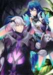  1boy 1girl alternate_costume ameno_(a_meno0) blue_eyes blue_hair breasts butterfly_wings elbow_gloves fingerless_gloves fire_emblem fire_emblem_awakening fire_emblem_heroes gloves highres long_hair lucina_(fire_emblem) short_hair small_breasts smile symbol-shaped_pupils tiara white_hair wings yellow_eyes 