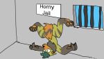  anthro bars canid canine confused_look fox green_body horny_jail hybrid imprisoned male mammal orange_pawpads pawpads prison solo upside_down 