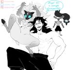  1girl 2boys abs arms_up body_fur carrying carrying_person demon_boy demon_horns english_text furry furry_female highres hooves horns kayn_(league_of_legends) kindred_(league_of_legends) lamb_(league_of_legends) league_of_legends long_hair mask multiple_boys navel odeko_yma pants rhaast shoulder_plates smile speech_bubble topless wolf_(league_of_legends) 