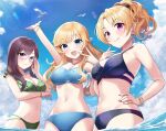  3girls bare_shoulders bikini black_bikini blonde_hair blue_bikini blue_eyes blush bow bracelet breasts cleavage collarbone frilled_bikini frills glasses green_bikini grey-framed_eyewear hair_bow idolmaster idolmaster_cinderella_girls jewelry kiryu_tsukasa_(idolmaster) large_breasts long_hair looking_at_viewer medium_breasts multiple_girls navel ohtsuki_yui open_mouth polka_dot polka_dot_bikini purple_eyes purple_hair sakura_ran smile swimsuit v wavy_hair yagami_makino 