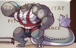 anthro barazoku benbencoo biceps big_muscles blue_eyes bottomwear bulge clothing detailed_background digital_media_(artwork) digitigrade dragon dumbbell dumbbell_row grey_body grumpy gym gym_bottomwear gym_clothing gym_shorts hi_res huge_muscles hyper hyper_muscles kardukk kobold macro male multicolored_body muscular muscular_anthro muscular_male paws pecs reptile scalie shaded shirt shorts standing tail tank_top topwear two_tone_body weights white_body