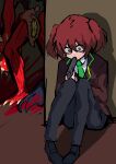  absurdres black_footwear black_pants brown_eyes coco_(556ch0cl8) collared_shirt employee_(project_moon) green_necktie gun_in_mouth highres imminent_suicide jacket lobotomy_corporation necktie nothing_there pants project_moon red_hair red_jacket scared shirt two_side_up wide-eyed 