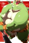 2024 anthro belly big_belly bulge clothing dragon green_body hi_res kemono kisukemk777 male moobs nipples overweight overweight_male setsubun solo tongue tongue_out underwear weapon