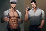  2boys abs ball bara bare_pectorals belt black_belt black_blindfold black_hair blindfold collared_shirt covered_eyes getou_suguru gojou_satoru hair_bun hand_in_pocket highres holding holding_ball jujutsu_kaisen large_pectorals male_focus multiple_boys muscular muscular_male navel necktie nipples open_belt open_clothes open_shirt pectorals shirt short_hair smile teeth twitter_username undone_necktie white_hair white_shirt yuana 