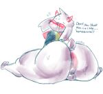 anthro anus balls big_anus big_butt blush bodily_fluids butt clothed clothing deltarune digital_media_(artwork) eldiipiid eyewear fur genitals girly glasses horn huge_butt looking_back male musk ralsei scarf simple_background solo sweat tail text thick_thighs undertale_(series) white_body white_fur wide_hips