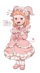  1girl angry bow bowtie candy capelet character_request child demon_girl demon_horns demon_tail dress fangs food frilled_dress frilled_sleeves frills hairband highres holding holding_candy holding_food horns layered_dress lolita_fashion lolita_hairband lollipop long_sleeves open_mouth opossumachine orange_hair pink_bow pink_bowtie pink_capelet pink_dress pink_footwear pointy_ears red_eyes short_hair simple_background solo swirl_lollipop tail translation_request white_background 