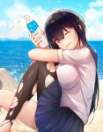  1girl black_hair black_legwear blue_skirt blue_sky bottle breasts day dermar eyebrows_visible_through_hair grey_eyes hair_between_eyes highres holding holding_bottle large_breasts long_hair miniskirt ocean one_eye_closed original outdoors pleated_skirt shirt short_sleeves sitting skirt sky solo tetrapod torn_clothes torn_legwear water_bottle white_shirt 