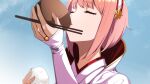  1girl ahonoko blue_sky bowl chopsticks closed_eyes drinking_from_bowl fire_emblem fire_emblem_fates food hairband highres holding holding_bowl holding_chopsticks holding_food onigiri pink_hair sakura_(fire_emblem) short_hair sky solo upper_body 