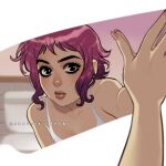  1girl artist_name bare_arms bare_shoulders black_eyes bra closed_mouth collarbone indoors looking_at_viewer mirror ramona_flowers red_hair romy_jones_(romyjonesdraws) scott_pilgrim_(series) short_hair solo underwear white_bra 