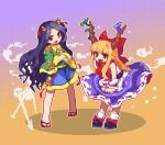  2girls black_footwear black_hair blue_ribbon blue_shorts blush bow brown_horns fang flip-flops full_body green_shirt hair_bow horn_ornament horn_ribbon horns ibuki_suika kumamoto_(bbtonhk2) long_hair long_sleeves lowres multiple_girls nippaku_zanmu open_mouth orange_eyes orange_hair pixel_art print_skirt purple_skirt red_bow red_eyes ribbon sandals shirt shoes shorts skirt smile socks torn_clothes torn_sleeves touhou white_shirt white_socks wide_sleeves wrist_cuffs yellow_horns 