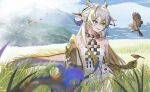 1girl :d absurdres arknights auguste bare_shoulders bead_bracelet beads bird blonde_hair blue_eyes blue_hair bracelet choker commentary_request grass highres horns jewelry long_hair mountain multicolored_hair necklace off_shoulder pants shu_(arknights) smile solo strapless streaked_hair tube_top very_long_hair white_hair white_pants 
