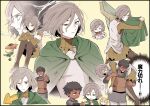  1girl 2boys androgynous asatokitchen black_hair blonde_hair cape carrying_over_shoulder chibi closed_mouth dark-skinned_male dark_skin dungeon_meshi eating full_body grey_eyes grey_hair kabru male_focus mithrun multiple_boys one_eye_closed pattadol pointy_ears short_hair simple_background speech_bubble sweat upper_body 