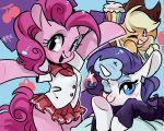  5:4 absurd_res amo_(artist) applejack_(mlp) blonde_hair blue_eyes clothing earth_pony equid equine eyelashes eyeshadow female friendship_is_magic hair happy hasbro hat headgear headwear hi_res horn horse magic makeup mammal my_little_pony one_eye_closed orange_body pink_body pinkie_pie_(mlp) pony purple_hair rarity_(mlp) signature unicorn white_body wink 