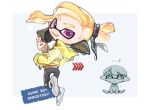  ... 2boys ? black_leggings blonde_hair border grey_background headphones inkling_boy inkling_player_character jacket leggings multiple_boys open_mouth outside_border pointy_ears purple_eyes romaji_text short_hair simple_background sitting smile spl8ya splatoon_(series) teeth tentacle_hair white_border yellow_jacket 