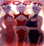 anthro biped breasts cleavage clothed clothing crossed_arms dragon dress female group hair hi_res looking_at_viewer pupils sharp_teeth teeth thick_thighs trio vixie00 white_body white_hair wide_hips