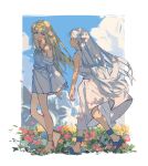  2girls absurdres anklet bare_arms bare_shoulders barefoot blonde_hair blue_eyes blue_sky closed_mouth dappled_sunlight day dress elf field flamme_(sousou_no_frieren) flip-flops floating_clothes floating_hair flower flower_field frieren from_side full_body hair_over_shoulder hashtag_only_commentary highres jewelry kurattes long_hair long_sleeves looking_at_another looking_at_viewer looking_to_the_side multiple_girls nature off_shoulder outside_border parted_lips pointy_ears profile purple_eyes red_flower sandals short_dress sky sleeveless sleeveless_dress smile sousou_no_frieren sunlight very_long_hair walking white_dress white_hair wide_sleeves wind yellow_flower 