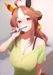  1girl ahoge animal_ears arm_at_side bra_strap breasts brown_hair brushing_teeth cleavage copano_rickey_(umamusume) double_bun green_shirt hair_between_eyes hair_bun hair_intakes hair_ornament hand_up highres holding holding_toothbrush horse_ears horse_girl horse_tail large_breasts long_hair looking_at_viewer multicolored_hair off_shoulder open_mouth pink_eyes shirt short_sleeves solo tail tassel tassel_hair_ornament toothbrush two-tone_hair umamusume upper_body yonemochi_yume 