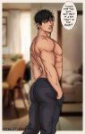  1boy absurdres artist_name ass back bara black_hair black_pants blurry blurry_background border english_text fushiguro_touji hands_in_pockets highres indoors jujutsu_kaisen large_pectorals male_focus muscular muscular_male nipples pants pectorals scar scar_on_face scar_on_mouth short_hair solo topless_male vikkodraws white_border 