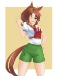  1girl \n/ animal_ears blue_eyes brown_background brown_hair commentary cowboy_shot ear_ornament green_shorts gym_shirt gym_shorts gym_uniform hand_on_own_hip highres horse_ears horse_girl horse_tail kemuri_(etep3372) looking_at_viewer medium_hair mejiro_palmer_(umamusume) one_eye_closed open_mouth ponytail race_bib shirt short_sleeves shorts smile solo standing t-shirt tail umamusume white_shirt 