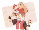  ! 1boy adjusting_clothes adjusting_headwear animal_on_head arm_up black_wristband blue_eyes blush_stickers breathing_fire bright_pupils brown_eyes brown_hair charmander claws commentary cropped_torso fang fire flame-tipped_tail hands_up high_collar holding holding_poke_ball jacket looking_to_the_side male_focus mgomurainu notice_lines on_head open_mouth pink_background poke_ball poke_ball_(basic) pokemon pokemon_(creature) pokemon_frlg pokemon_on_head red_(pokemon) short_hair short_sleeves smile upper_body 
