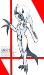 absol anthro breasts chest_tuft claws english_text featureless_breasts featureless_crotch female fur generation_3_pokemon head_crest hi_res kyzarius looking_at_viewer nintendo nude pokemon pokemon_(species) pubes simple_background solo standing text tuft white_body white_fur
