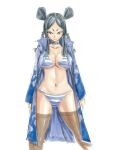  1girl blue_panties blue_theme bra braid breasts cleavage collar fairy_tail large_breasts lipstick long_hair looking_at_viewer makeup mashima_hiro minerva_orlando no_pants panties solo striped_bra striped_clothes striped_panties thighhighs twin_braids underwear 