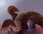 absurd_res animal_genitalia bedroom_eyes bodily_fluids brown_body brown_feathers cloaca cloaca_juice dildo dinosaur dromaeosaurid feathered_wings feathers female feral genital_fluids genitals hi_res knik_(razorzj) narrowed_eyes rear_view red_body red_feathers reptile scalie seductive sex_toy solo theropod thyvixie tongue tongue_out transparent_dildo transparent_sex_toy utahraptor wings