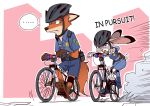  ... 2016 anthro barefoot bicycle bicycle_helmet bottomwear canid canine clothed clothing disney duo female fox fully_clothed fur gloves_(marking) green_eyes grey_body grey_fur judy_hopps lagomorph leg_markings leporid lleu-momiji male mammal markings nick_wilde open_mouth orange_body orange_fur outside police_uniform purple_eyes rabbit red_fox shirt shorts socks_(marking) topwear uniform zootopia 