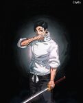  1boy absurdres black_hair blood blood_on_face covering_own_mouth grey_eyes highres holding holding_sword holding_weapon jewelry jujutsu_kaisen junho katana looking_at_viewer okkotsu_yuuta ring shirt solo sword upper_body weapon wedding_ring white_shirt 