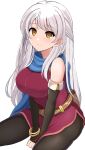  1girl absurdres bare_shoulders black_gloves black_leggings blue_scarf bracelet breasts dress elbow_gloves fingerless_gloves fire_emblem fire_emblem:_radiant_dawn gloves grey_hair half_updo highres jewelry kocha_(jgug7553) large_breasts leggings long_hair micaiah_(fire_emblem) scarf side_slit simple_background sleeveless sleeveless_dress smile solo white_background yellow_eyes 