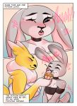  &lt;3 absurd_res anthro big_breasts bodily_fluids breasts choker cleavage clothed clothing comic cupcake digimon digimon_(species) disney duo eating english_text eyes_closed feeding female female/female food fur furniture grey_body grey_fur hi_res jewelry judy_hopps lagomorph leporid mammal necklace open_mouth potion rabbit renamon saliva small_breasts solo text url winter_nacht zootopia 