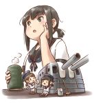  3girls black_hair blue_sailor_collar broom bucket chibi commentary_request cup dress fairy_(kantai_collection) fubuki_(kantai_collection) hat jewelry kantai_collection karasu_(naoshow357) low_ponytail machinery multiple_girls ponytail ring sailor_collar sailor_dress sailor_hat school_uniform serafuku shirayuki_(kantai_collection) short_hair short_ponytail sidelocks simple_background skirt teacup turret wedding_band white_dress white_headwear 