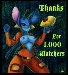  2012 4_fingers alien antennae_(anatomy) anthro anthrofied areola back_spines black_border blue_areola blue_eyes blue_nipples border breasts clothed clothing crossgender dipstick_antennae disney english_text experiment_(lilo_and_stitch) eyelashes female fingers ghostmotus holding_object holding_weapon lilo_and_stitch looking_at_viewer milestone mtf_crossgender multicolored_antennae nipples notched_ear open_clothing open_shirt open_topwear outline plasma_blaster plasma_gun ranged_weapon shirt simple_background smile solo spacesuit standing stitch_(lilo_and_stitch) text textured_background topwear weapon zipper 