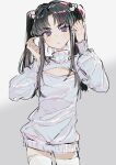  1boy black_hair cleavage_cutout clothing_cutout hands_up head_tilt highres imamiya_pinoko long_hair long_sleeves looking_at_viewer original otoko_no_ko purple_eyes sidelocks simple_background standing sweater thick_eyebrows thighhighs twintails white_background white_sweater white_thighhighs 