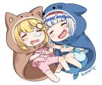  2girls :d animal_hood artist_name bangs barefoot blonde_hair blue_cloak blue_eyes blue_shirt blue_shorts blush brown_cloak chibi cloak closed_eyes collared_shirt commentary cosplay dress_shirt drooling english_commentary eyebrows_visible_through_hair gawr_gura hair_ornament headband himouto!_umaru-chan hitsukuya hololive hololive_english hood hood_up hooded_cloak komaru komaru_(cosplay) mouth_drool multicolored_hair multiple_girls nose_bubble open_mouth pink_shirt pink_shorts shark_hood sharp_teeth shirt short_shorts short_sleeves shorts signature silver_hair simple_background smile streaked_hair teeth virtual_youtuber watson_amelia white_background 