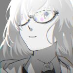  1girl balloon chromatic_aberration fate/grand_order fate_(series) glasses highres limited_palette looking_up mash_kyrielight noz_2to parted_lips portrait reflection short_hair simple_background solo 