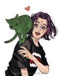  1girl :d animal artist_name beast_boy_(dc) black_nails black_shirt cat dc_comics hand_up heart nail_polish pink_eyes raven_(dc) romy_jones_(romyjonesdraws) shirt short_hair short_sleeves simple_background smile solo teen_titans teeth tongue upper_body upper_teeth_only white_background 