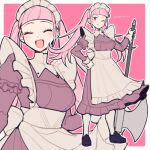  2girls :d ;) apron artist_name axe black_footwear border breasts do_m_kaeru fire_emblem fire_emblem:_three_houses halberd hilda_valentine_goneril light_smile long_hair long_sleeves looking_at_viewer maid maid_apron maid_headdress medium_breasts multiple_girls one_eye_closed open_mouth pantyhose pink_background pink_eyes pink_hair polearm smile twintails twitter_username weapon white_border white_pantyhose 