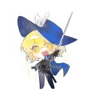  1girl black_gloves blonde_hair cape chibi coat don_quixote_(project_moon) fructoseies full_body gloves hat hat_feather highres limbus_company musketeer official_alternate_costume open_mouth project_moon rapier short_hair simple_background solo sparkle sparkling_eyes sword weapon white_background 