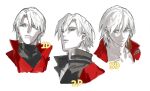  3boys aged_down aged_up blue_eyes coat dante_(devil_may_cry) devil_may_cry_(series) devil_may_cry_1 devil_may_cry_2 devil_may_cry_3 looking_at_viewer male_focus metal_ssuk multiple_boys red_coat simple_background smile white_hair 