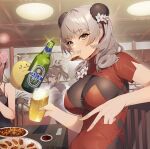  3girls azur_lane beer_bottle bodystocking breasts character_request china_dress chinese_clothes cleavage double_bun dress food food_request framed_breasts from_side grey_eyes grey_hair hair_bun indoors large_breasts maitei_roppa manjuu_(azur_lane) mouth_hold multiple_girls panda purple_dress red_dress short_sleeves 